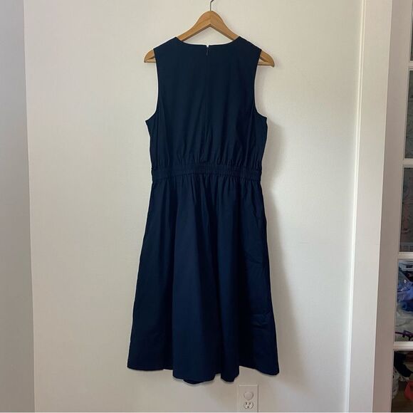 1901 Sailor Button Shoulder Stretch Cotton Poplin Navy Blue Midi Dress Retro - Picture 3 of 8